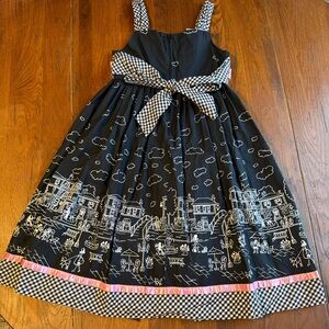 Bonnie Jean  black sundress -city scene print and pink ribbon trim.  Size 10